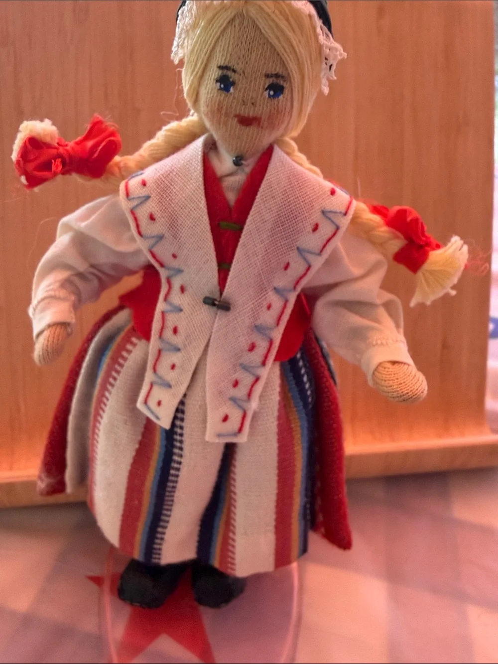 Handcrafted Girls Traditional Red & White Doll in Striped Dress